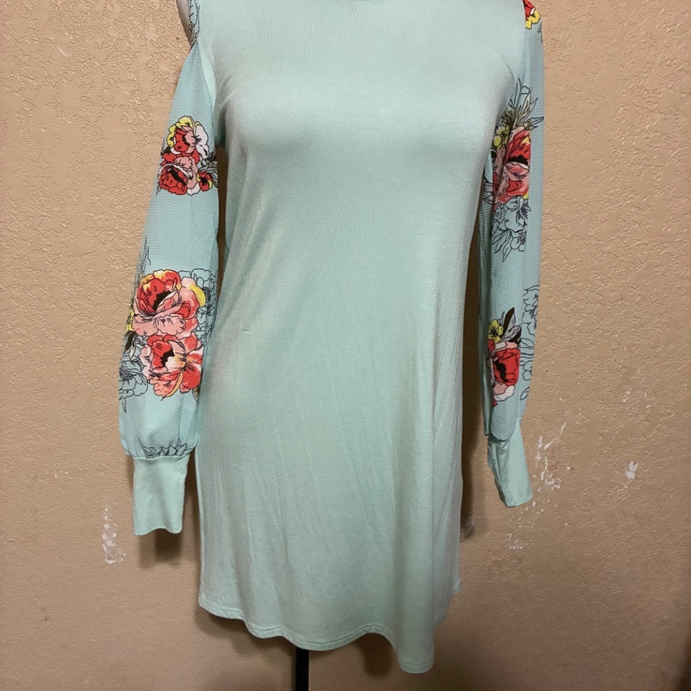 Mint Cold SHoulder dress/ tunic with floral sleeves